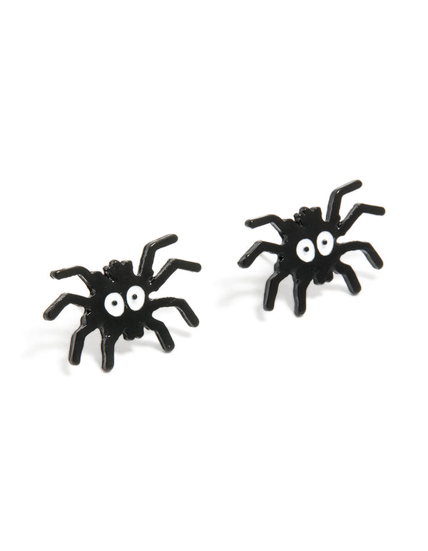 Black Coated Metal  Spider Face Stud Earrings