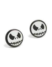 Showcasing black coated metal skeleton face stud earrings in chunky style and white accents front view - link has visual effect only