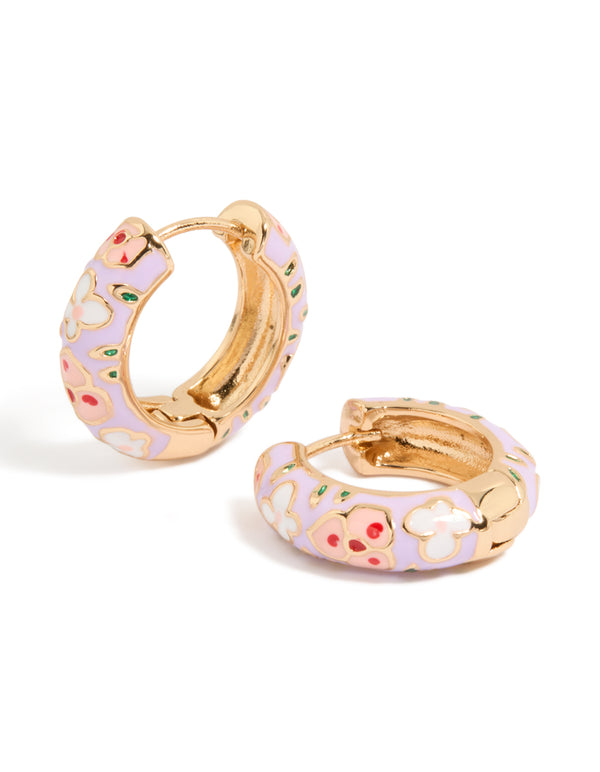 Beautifully crafted chunky floral enamel huggie earrings in lavender and light pink with gold accents front view