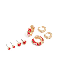 Showcasing gold red enamel huggie and stud earrings in a 3-pack featuring floral heart leaf patterns with cubic zirconia white green accents front view - link has visual effect only