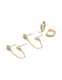 Showcasing floral huggie earrings with chain featuring light blue cubic zirconia crystal accents in gold front view - link has visual effect only