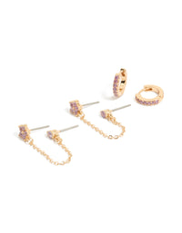 Featuring dainty floral earrings pack with chain huggie and stud closure, crafted from cubic zirconia crystal in gold lilac front view - link has visual effect only