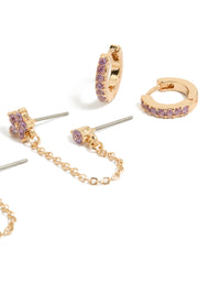 Showcasing dainty floral earrings pack with chain huggie and stud closure, crafted from cubic zirconia crystal in gold lilac close up view - link has visual effect only