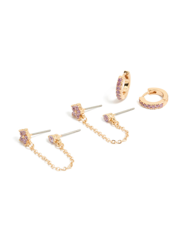Featuring dainty floral earrings pack with chain huggie and stud closure, crafted from cubic zirconia crystal in gold lilac front view