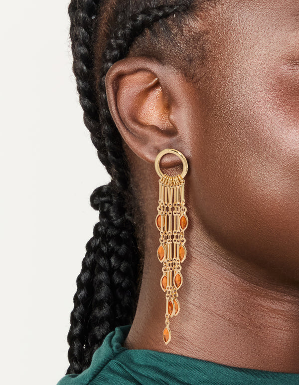 Gold Ring With Long Amber Diamante Chain Drop Earrings
