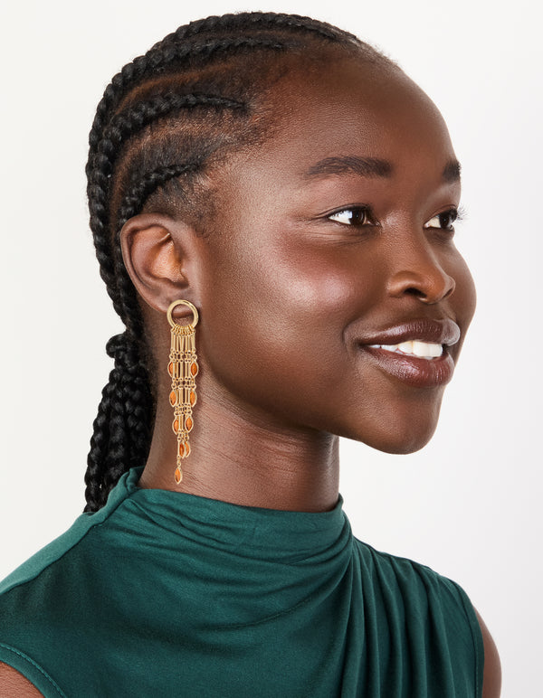 Gold Ring With Long Amber Diamante Chain Drop Earrings