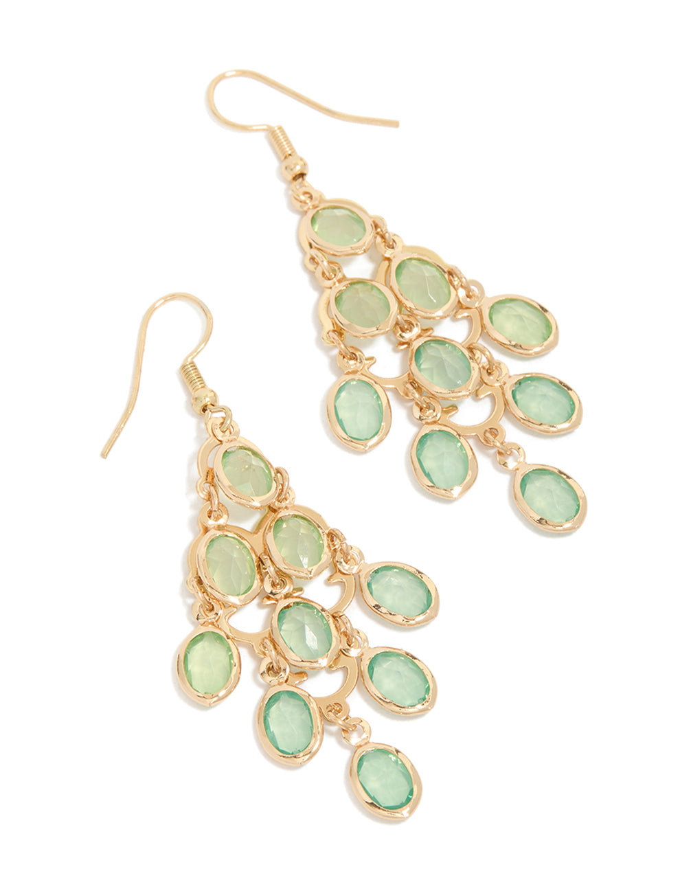 Showcasing statement style gold green diamantes cascading drop earrings with pale green stones front view
