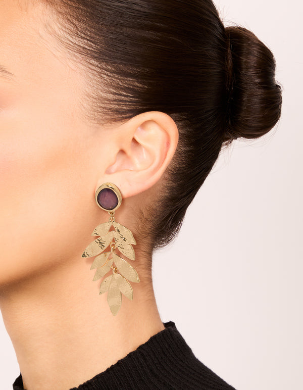 Gold Purple Bead & Textured Layered Petals Drop Earrings