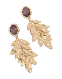 Featuring statement drop earrings with floral textured layered petals, beads in purple crafted from gold front view - link has visual effect only