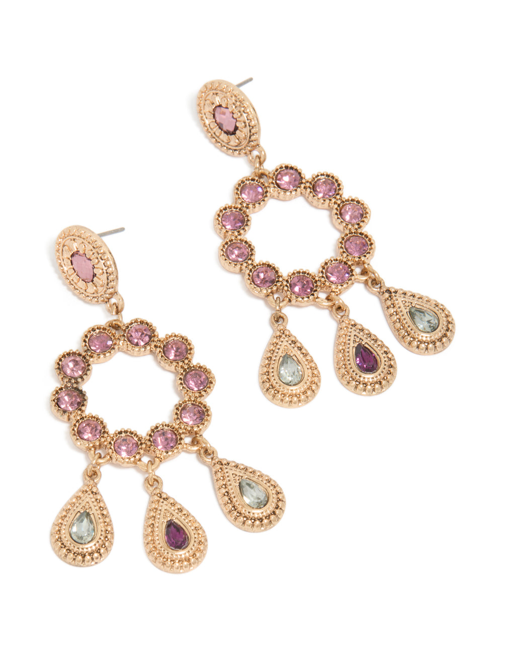 Showcasing antique gold pink and clear diamante round drop earrings front view