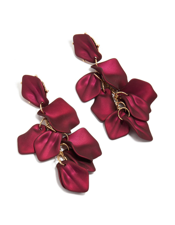 Crafted with statement these burgundy coated metal petal drop earrings feature maroon and gold tones front view