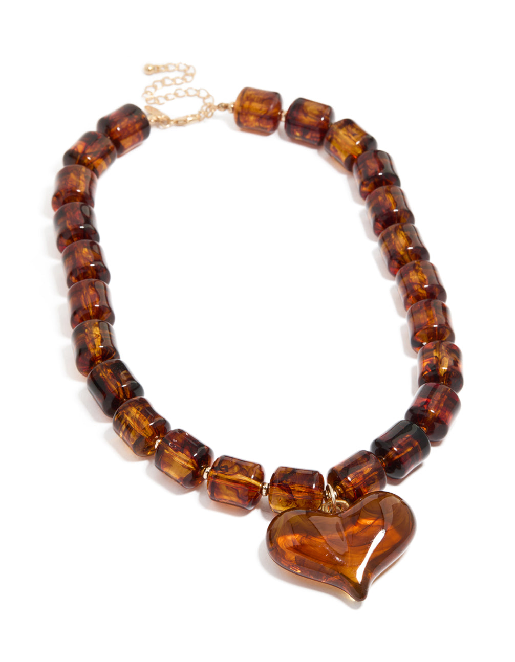 Designed with brown square beads and heart necklace in statement gold tones front view