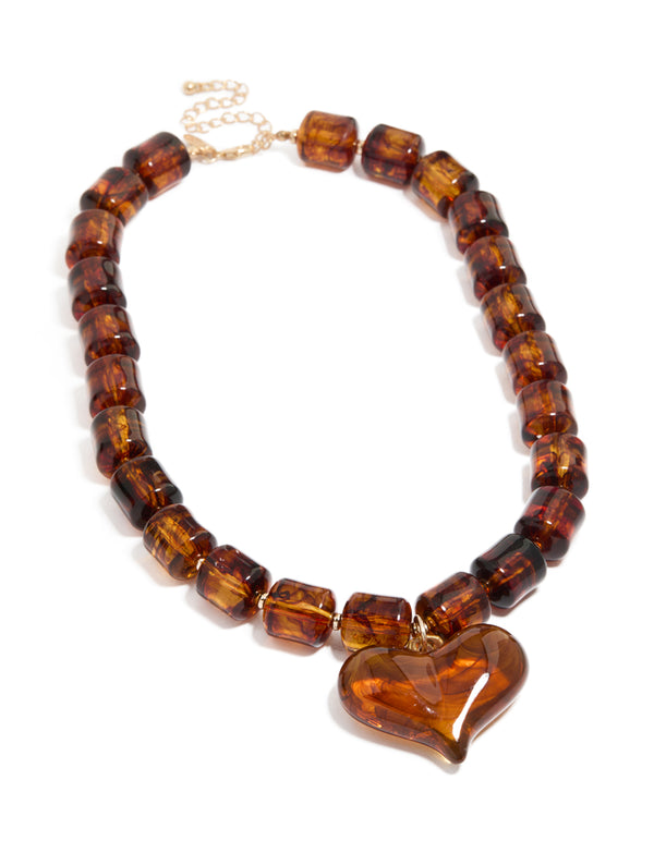 Brown Square Bead & Heart Pendant Necklace