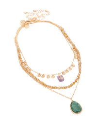 Showcasing a gold celestial star, beaded chain layered necklace with star disc charm, coin accents, pendant drops, and oval stone details in a front view - link has visual effect only