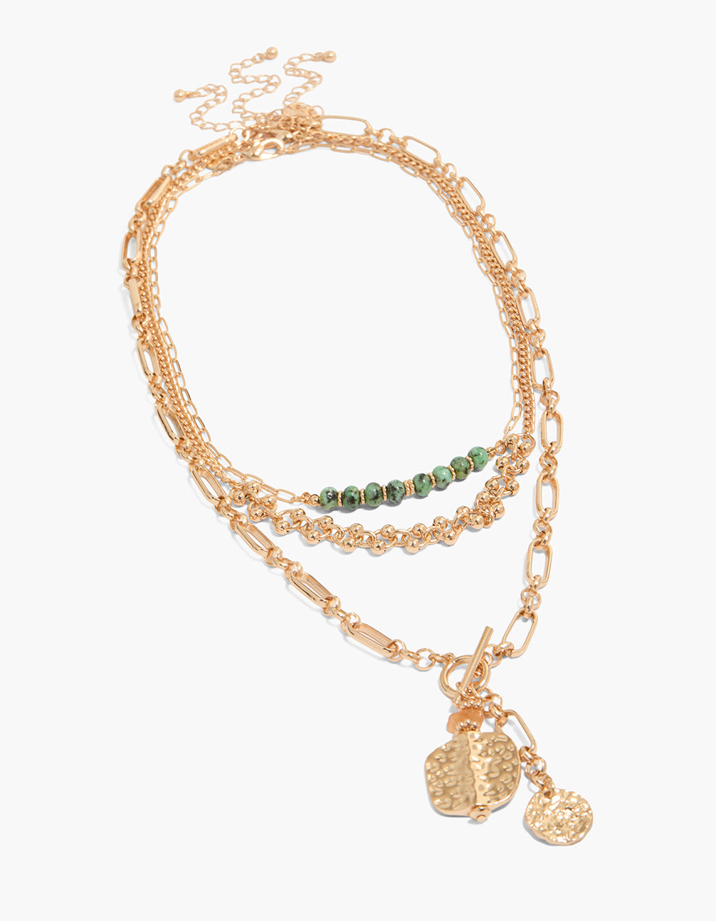Showcasing beaded, balls and disc statement necklace in gold front view