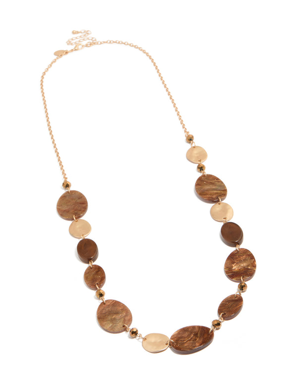 Gold Glittery Brown Ovals Long Necklace