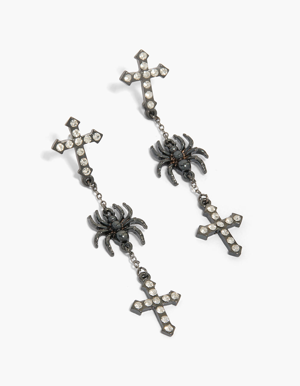 Showcasing statement drop earrings with spider and cross charms in gunmetal silver front view