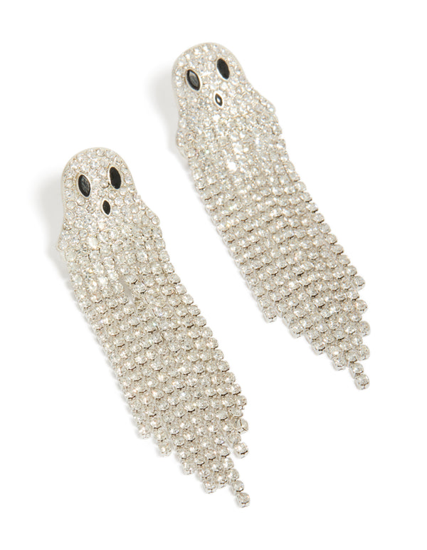 Showcasing silver diamante cupchain ghost drop earrings with tassel detailing, and statement style in a front view