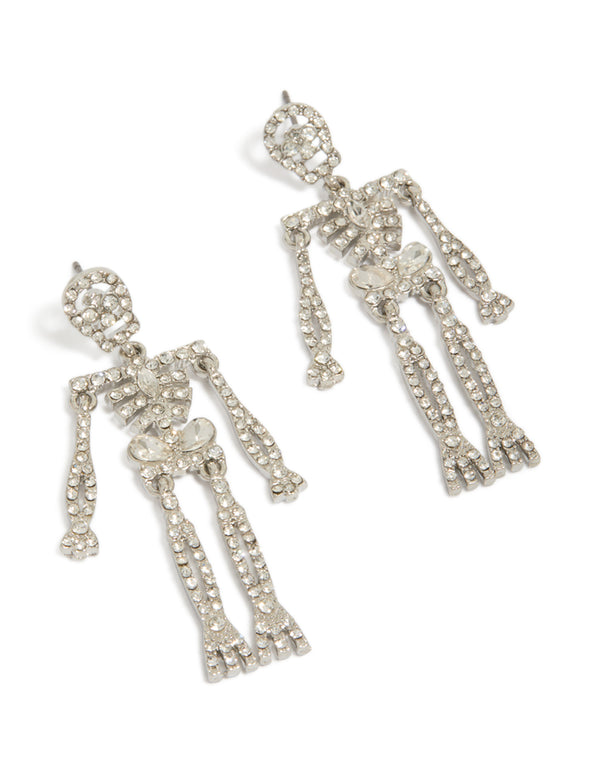 Showcasing silver diamante glam skeleton drop earrings with statement style front view