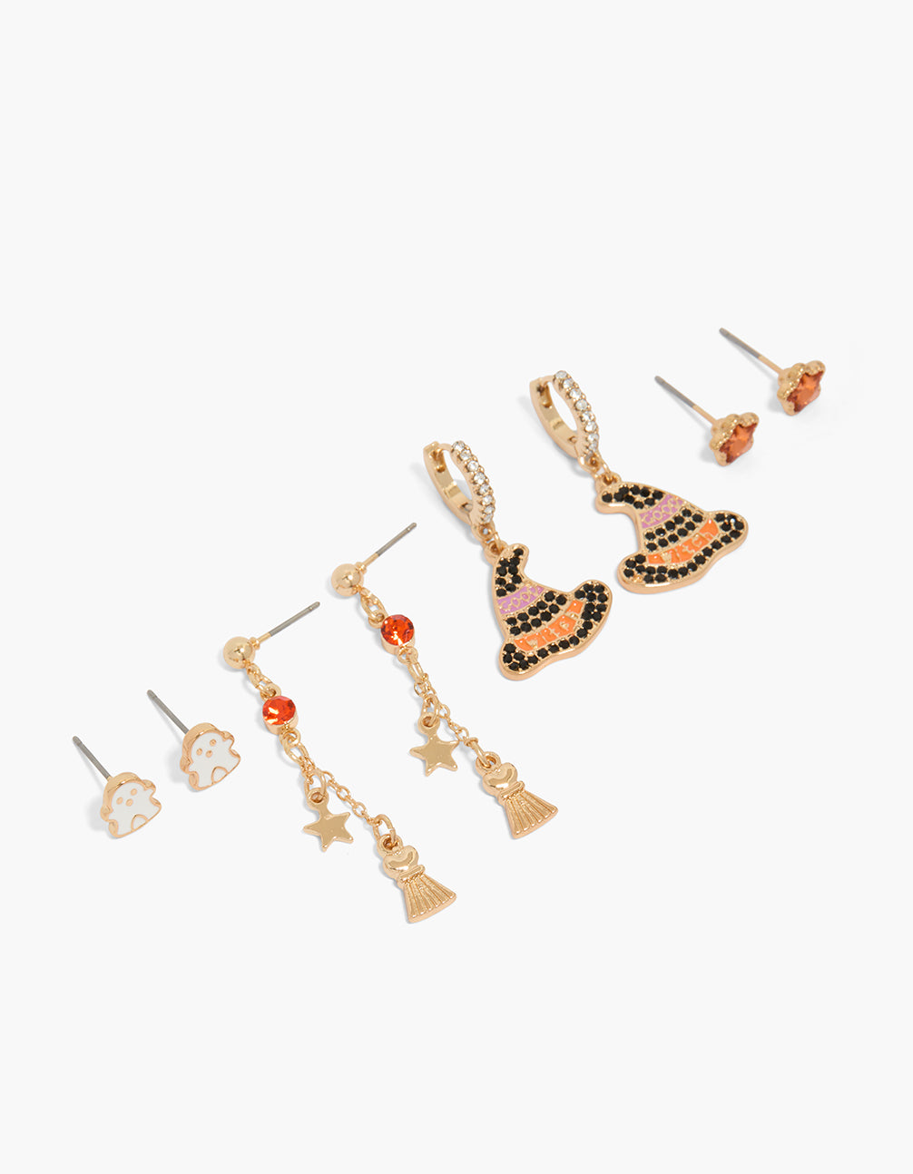 Showcase of gold orange diamante and wicked witch earrings 4-pack featuring charm with star details in enamel, huggie and stud closures with black and pink accents front view