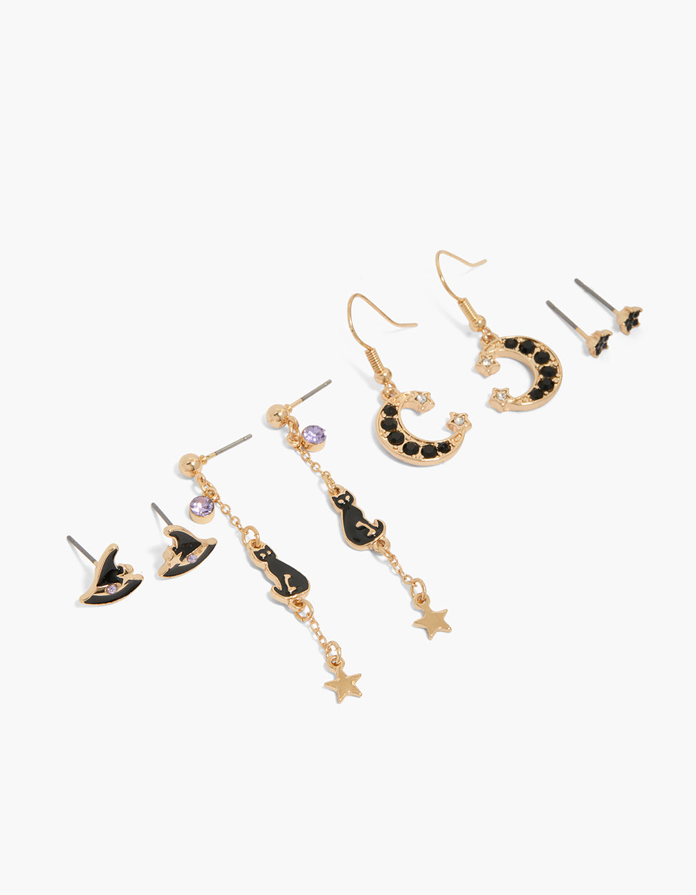 Showcasing a stud closure animal cat celestial charm design with star and moon features in enamel, gold, black and thistle tones front view