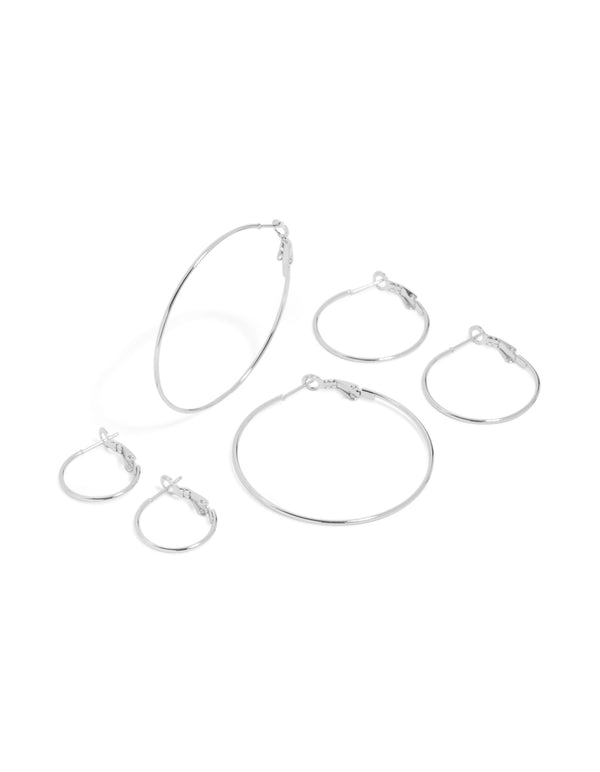 Featuring extra thin hoop earrings in a 3-pack crafted from waterproof stainless steel with statement style and silver finish front view
