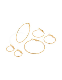 Showcasing extra thin waterproof gold plated stainless steel hoop earrings in a 3-pack front view - link has visual effect only