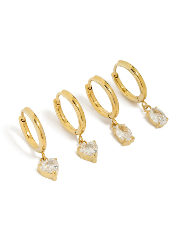 Showcasing waterproof gold plated huggie drop earrings crafted from stainless steel with cubic zirconia in a 2-pack with heart feature front view