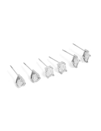 Discover waterproof stainless steel classic stud earrings featuring marquise and pear cut cubic zirconia in silver and clear tone, 3-pack front view - link has visual effect only