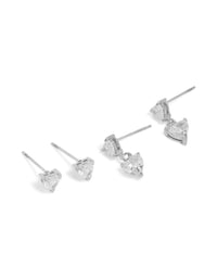 Showcasing waterproof stainless steel cubic zirconia heart stud and drop earrings in a 2-pack with silver and clear tones front view - link has visual effect only