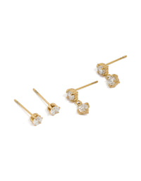 Featuring waterproof gold plated stainless steel cubic zirconia round stud and drop earrings in a 2-pack with crystal accents front view - link has visual effect only