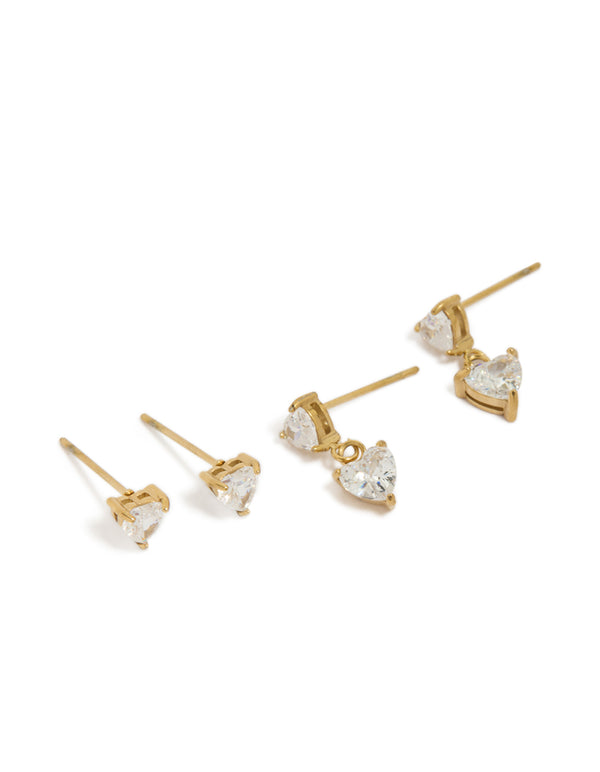 Showcasing waterproof gold plated stainless steel cubic zirconia heart stud and drop earrings in a 2-pack with statement style front view