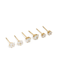 Showcasing waterproof gold plated stainless steel cubic zirconia mixed stud earrings in a 3-pack with heart feature and round stone cut front view - link has visual effect only