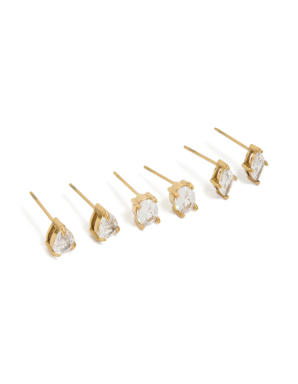 Showcasing waterproof stainless steel stud earrings with cubic zirconia in marquise and pear stone cuts, crafted from gold plated material, 3-pack front view