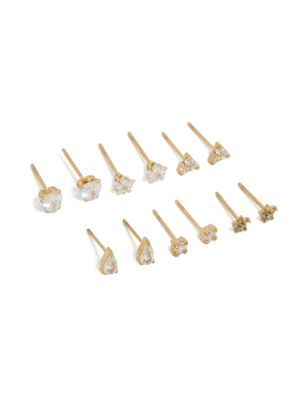 Showcasing waterproof stainless steel featuring mixed celestial, heart and floral mini stud earrings in a 6-pack with gold plated finish front view
