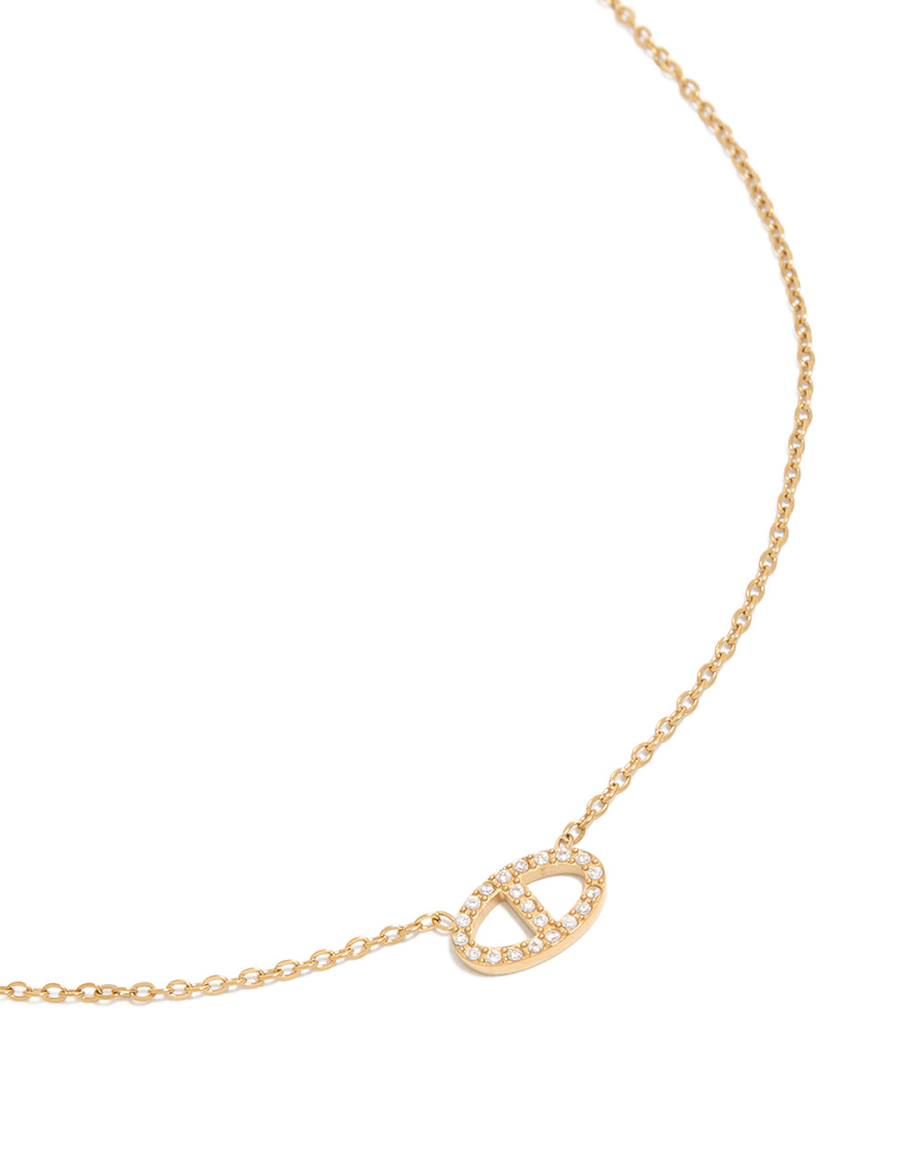 Discover this waterproof gold plated stainless steel cubic zirconia oval pendant necklace close up view