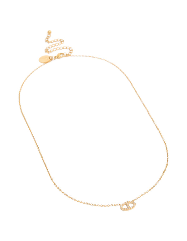 Elegant waterproof stainless steel cubic zirconia oval pendant necklace in gold plated finish front view