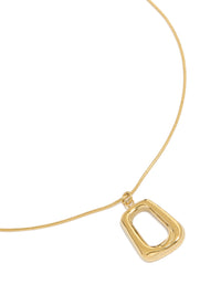 Showcasing a waterproof gold plated stainless steel open rectangle pendant necklace close up view - link has visual effect only