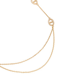 Showcasing a waterproof double chain necklace crafted from stainless steel with plated finish, featuring embellishments and oval design with cubic zirconia stones in clear close up view - link has visual effect only