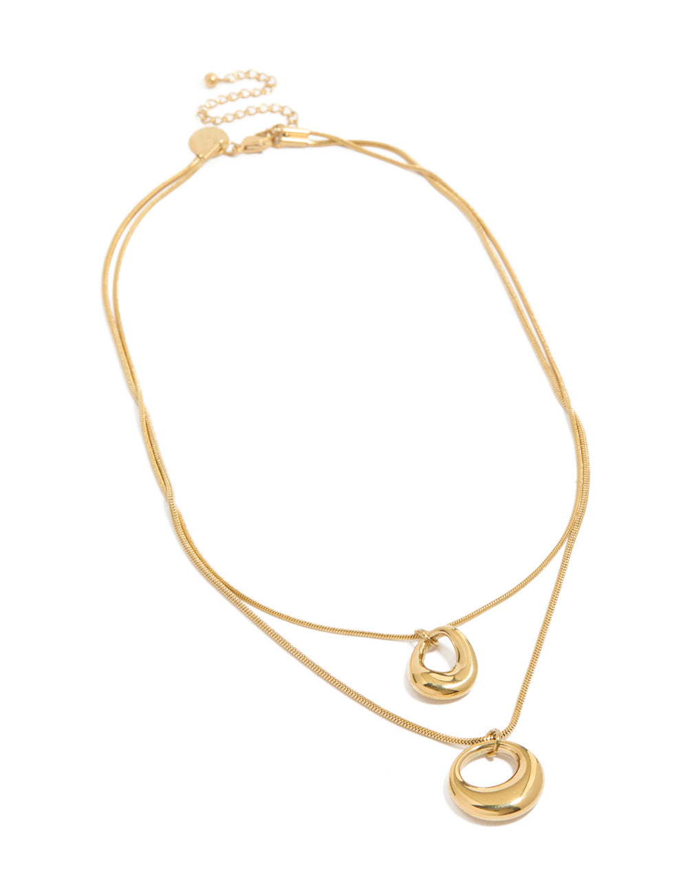 Featuring a waterproof gold plated stainless steel open round pendant layered necklace in statement style front view