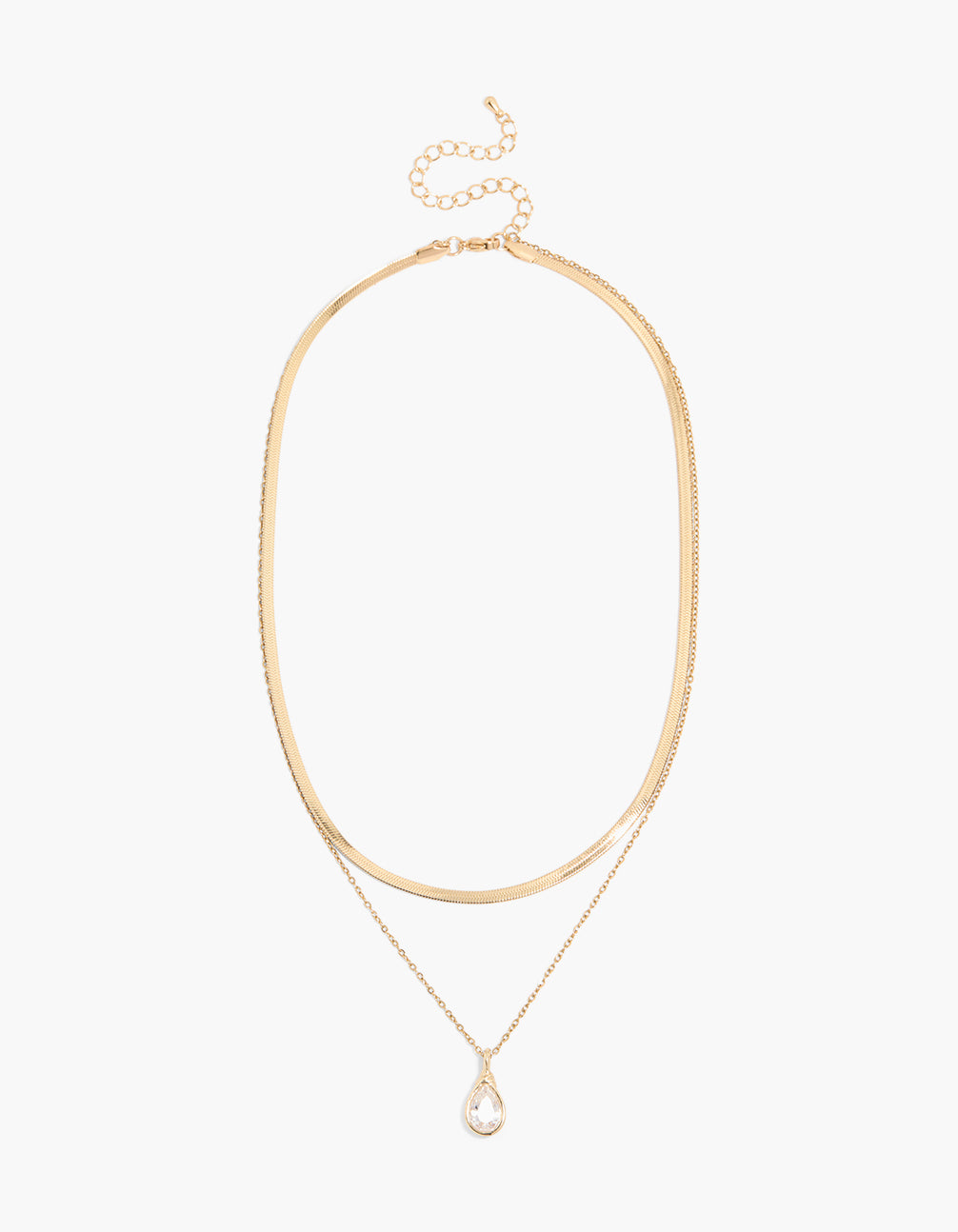 Waterproof Gold Plated Stainless Steel Snake Chain & Bezel Pear Cubic Zirconia Layered Necklace
