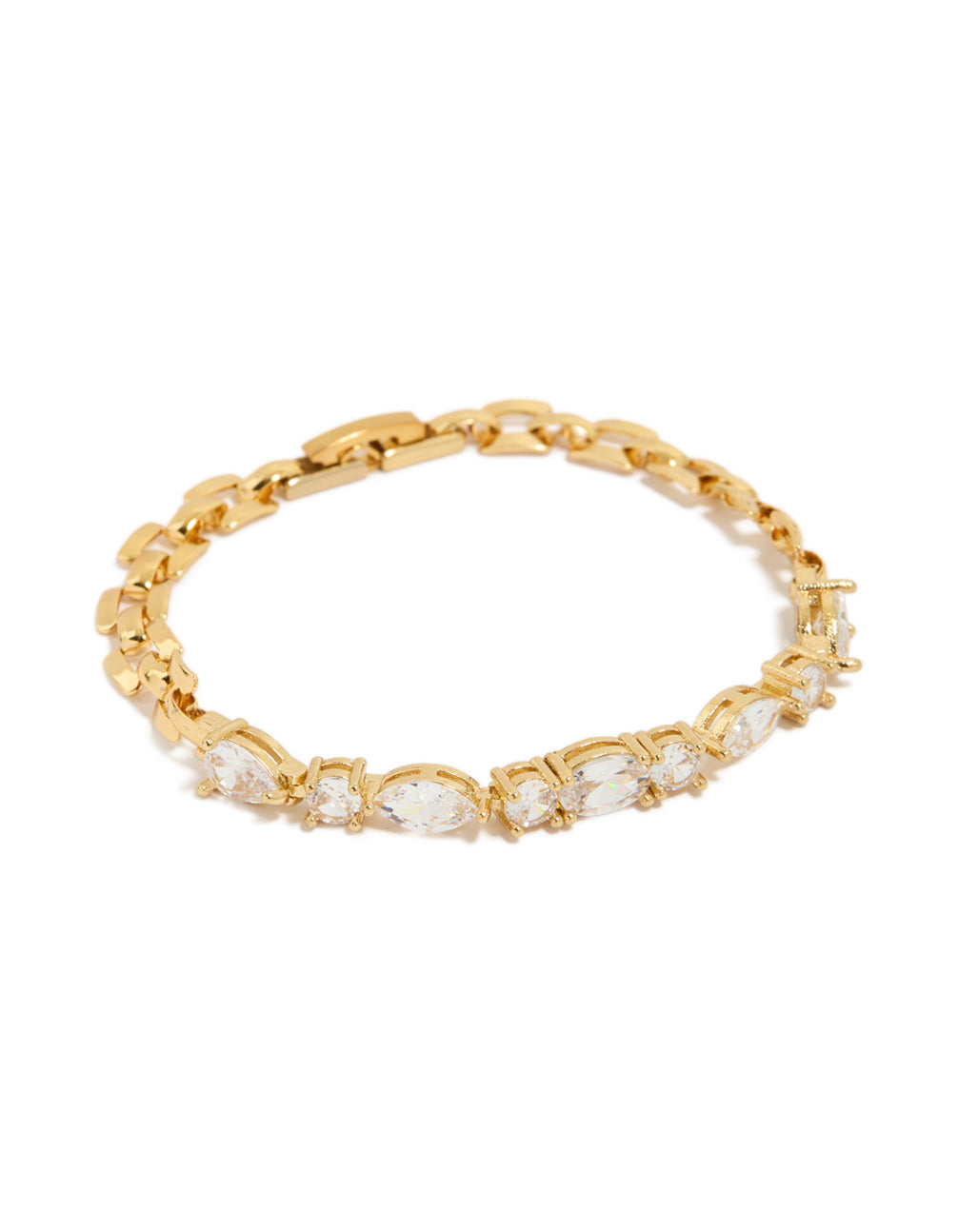 Featuring a waterproof gold plated stainless steel with cubic zirconia bracelet front view