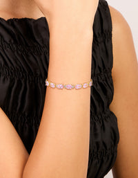 Waterproof Gold Plated Stainless Steel Pink Cubic Zirconia Oval Link Bracelet - link has visual effect only