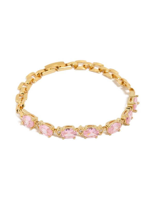 Waterproof Gold Plated Stainless Steel Pink Cubic Zirconia Oval Link Bracelet