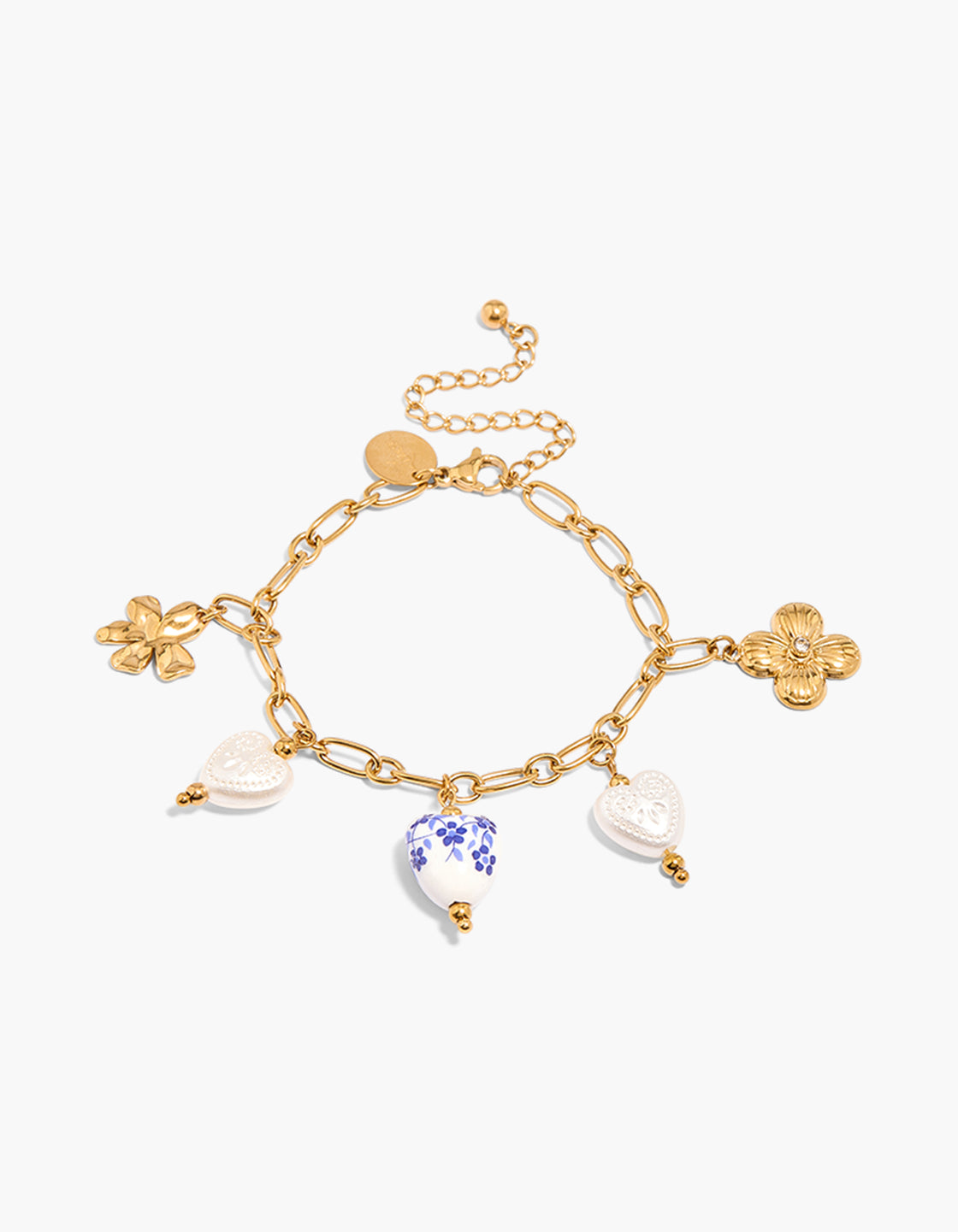 Waterproof Gold Plated Stainless Steel Pearl & Painted Heart Charm Bracelet