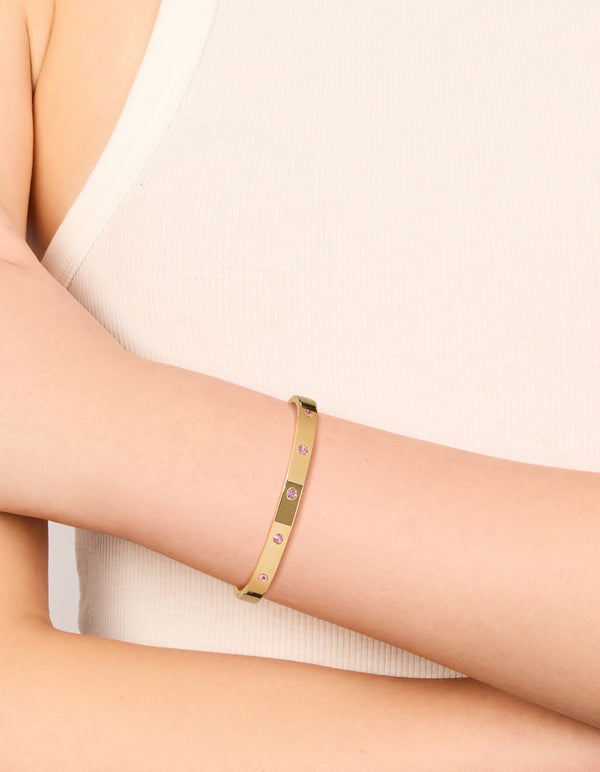 Waterproof Gold Plated Stainless Steel Pink Diamante Hinged Bracelet