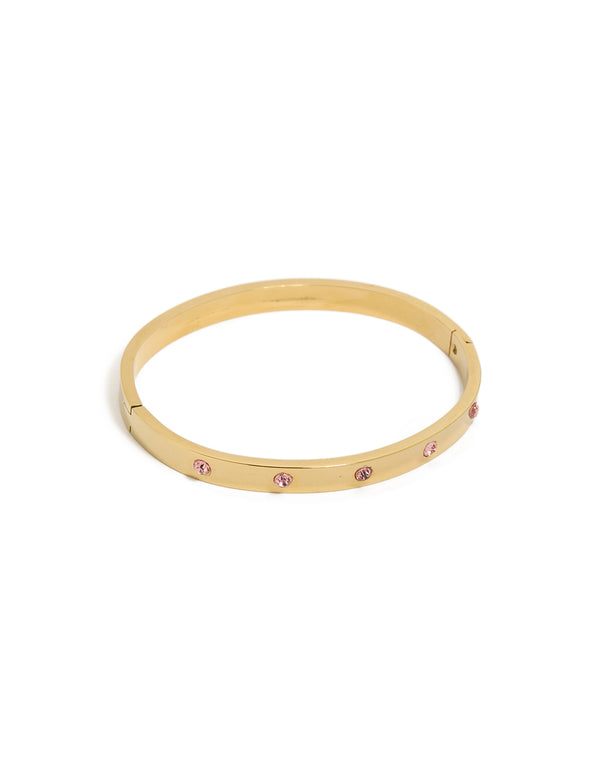 Waterproof Gold Plated Stainless Steel Pink Diamante Hinged Bracelet