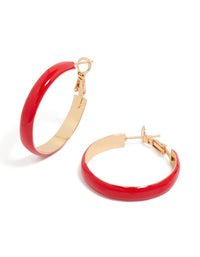 Showcasing simple hoop earrings crafted from red enamel with gold closure in front view - link has visual effect only