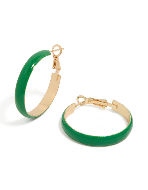 Showcasing simple green enamel hoop earrings in gold closure front view
