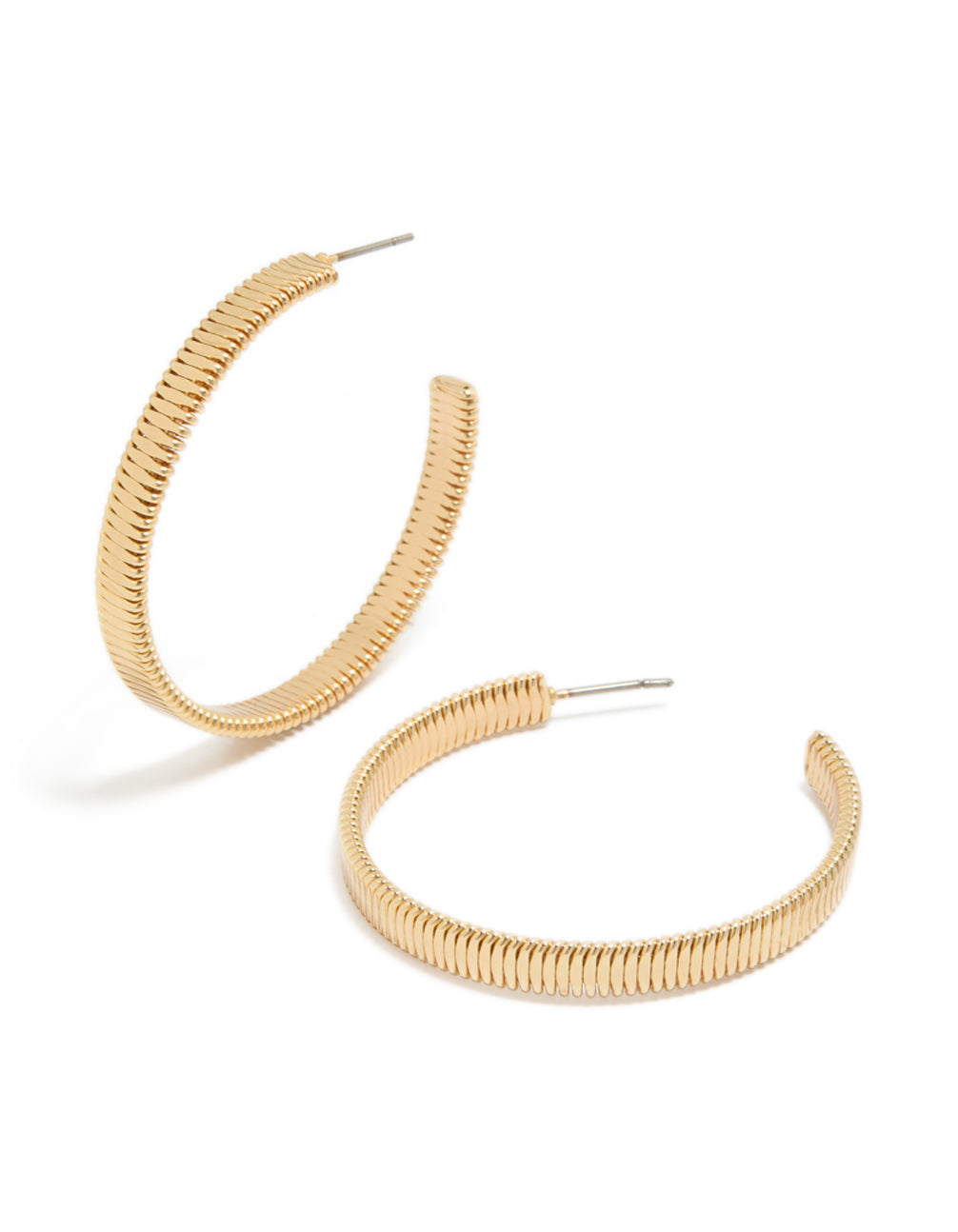 Showcasing gold ribbed hoop earrings with textured surface detailing front view